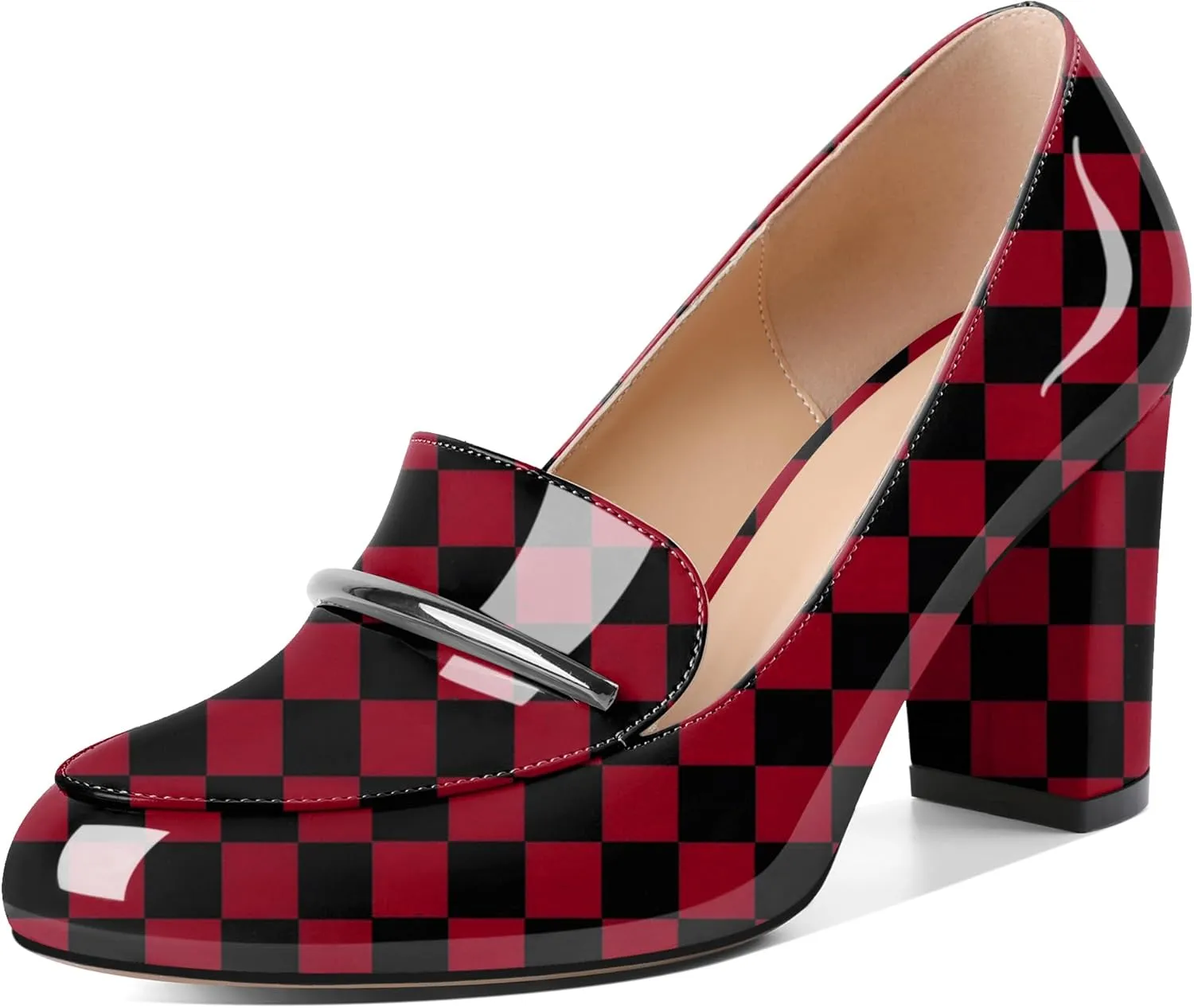 YODEKS Chunky Heels for Women Round Toe Block High Heels Slip on Pumps Loafers 3.5 Inch Closed Toe Shoes