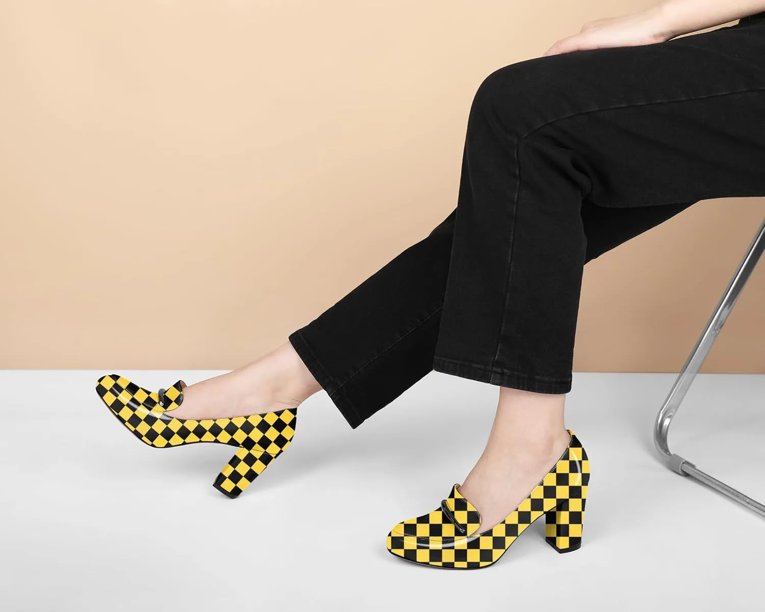 YODEKS Chunky Heels for Women Round Toe Block High Heels Slip on Pumps Loafers 3.5 Inch Closed Toe Shoes
