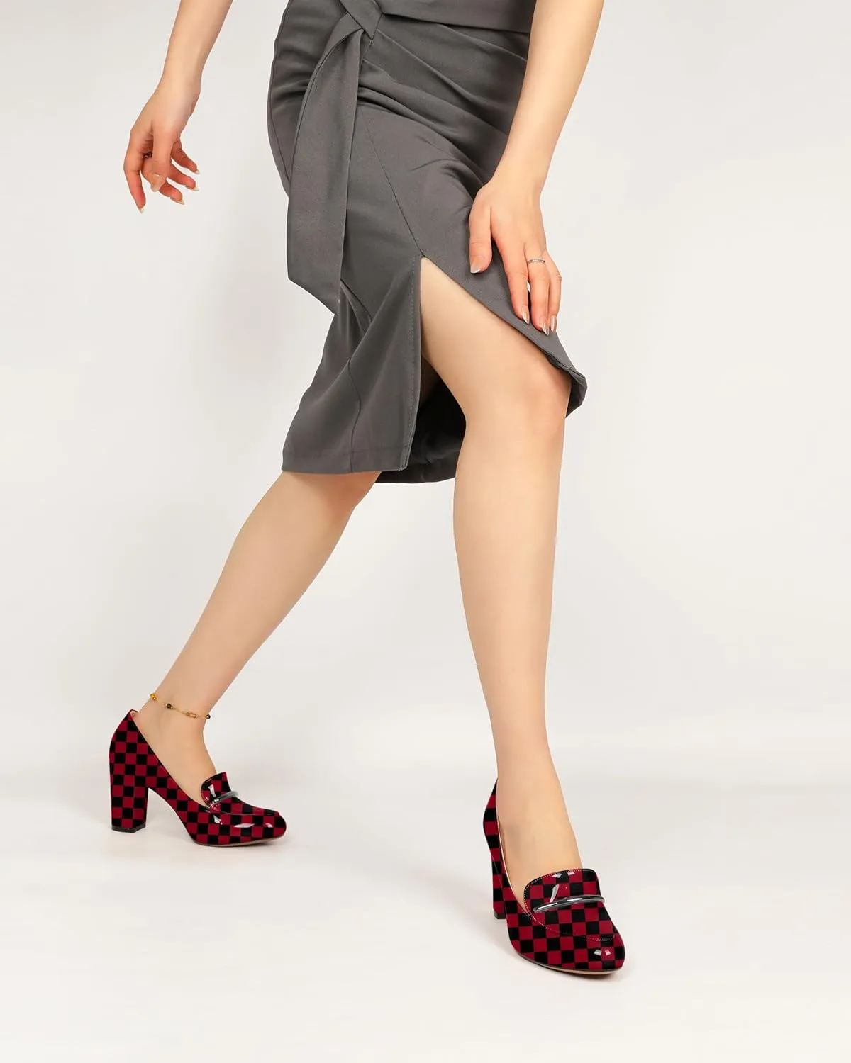YODEKS Chunky Heels for Women Round Toe Block High Heels Slip on Pumps Loafers 3.5 Inch Closed Toe Shoes
