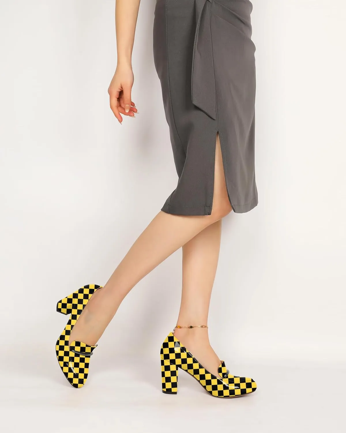 YODEKS Chunky Heels for Women Round Toe Block High Heels Slip on Pumps Loafers 3.5 Inch Closed Toe Shoes