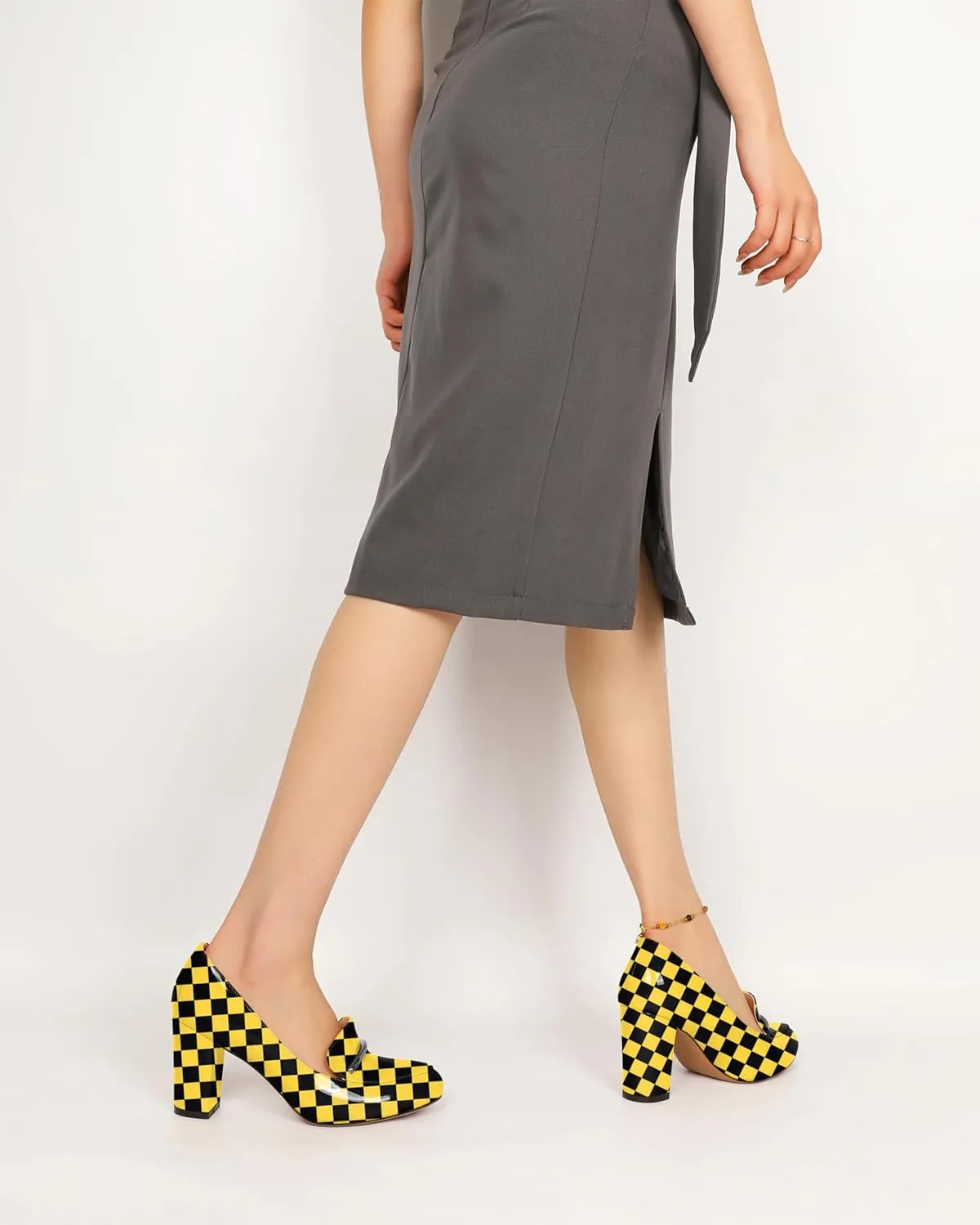 YODEKS Chunky Heels for Women Round Toe Block High Heels Slip on Pumps Loafers 3.5 Inch Closed Toe Shoes