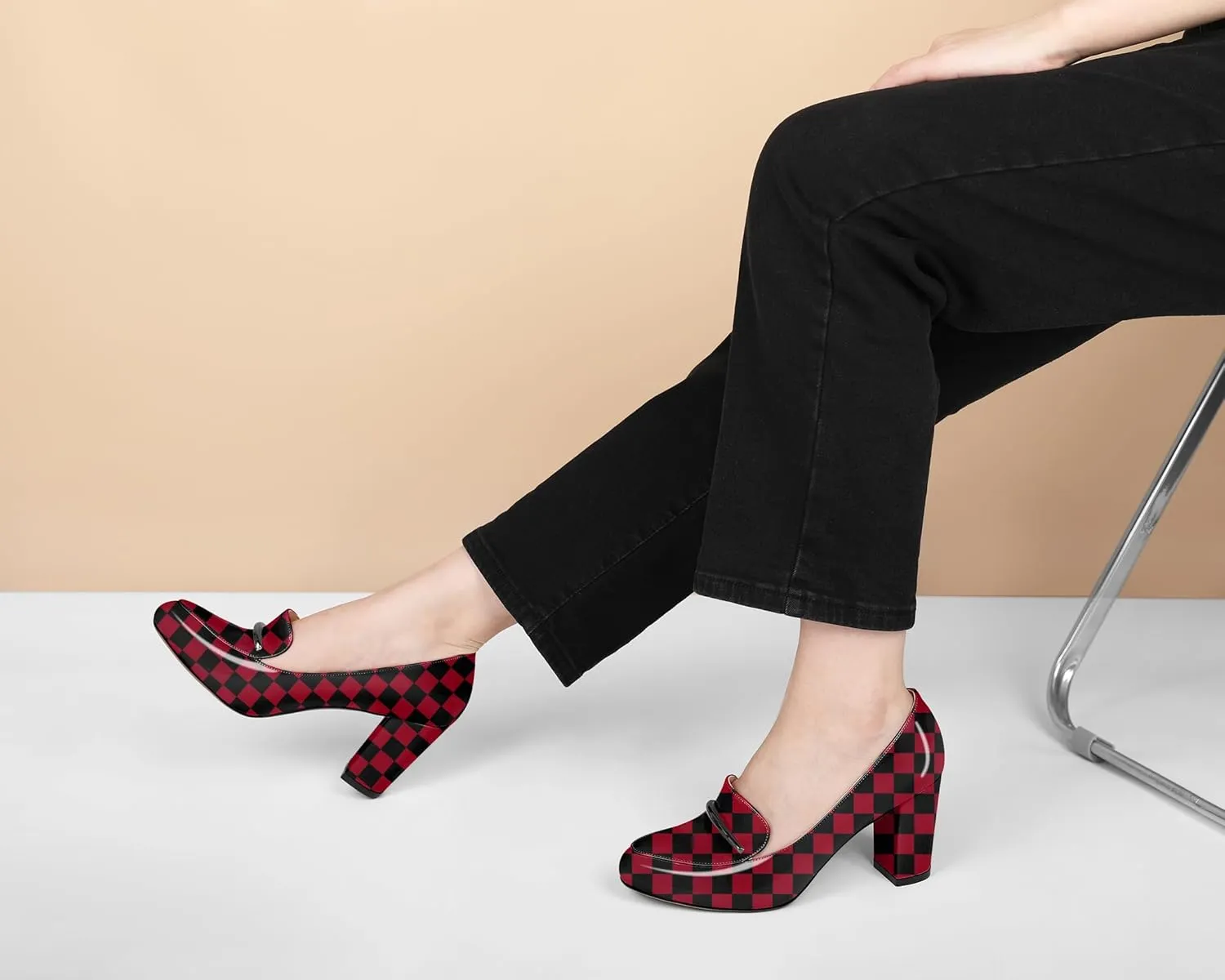 YODEKS Chunky Heels for Women Round Toe Block High Heels Slip on Pumps Loafers 3.5 Inch Closed Toe Shoes