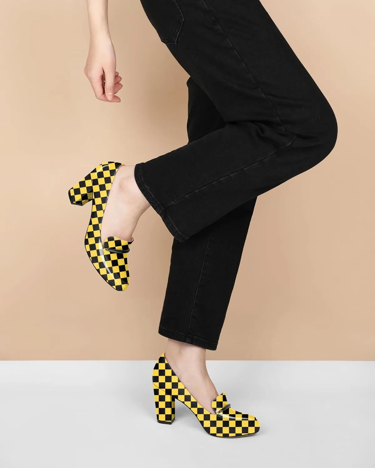 YODEKS Chunky Heels for Women Round Toe Block High Heels Slip on Pumps Loafers 3.5 Inch Closed Toe Shoes