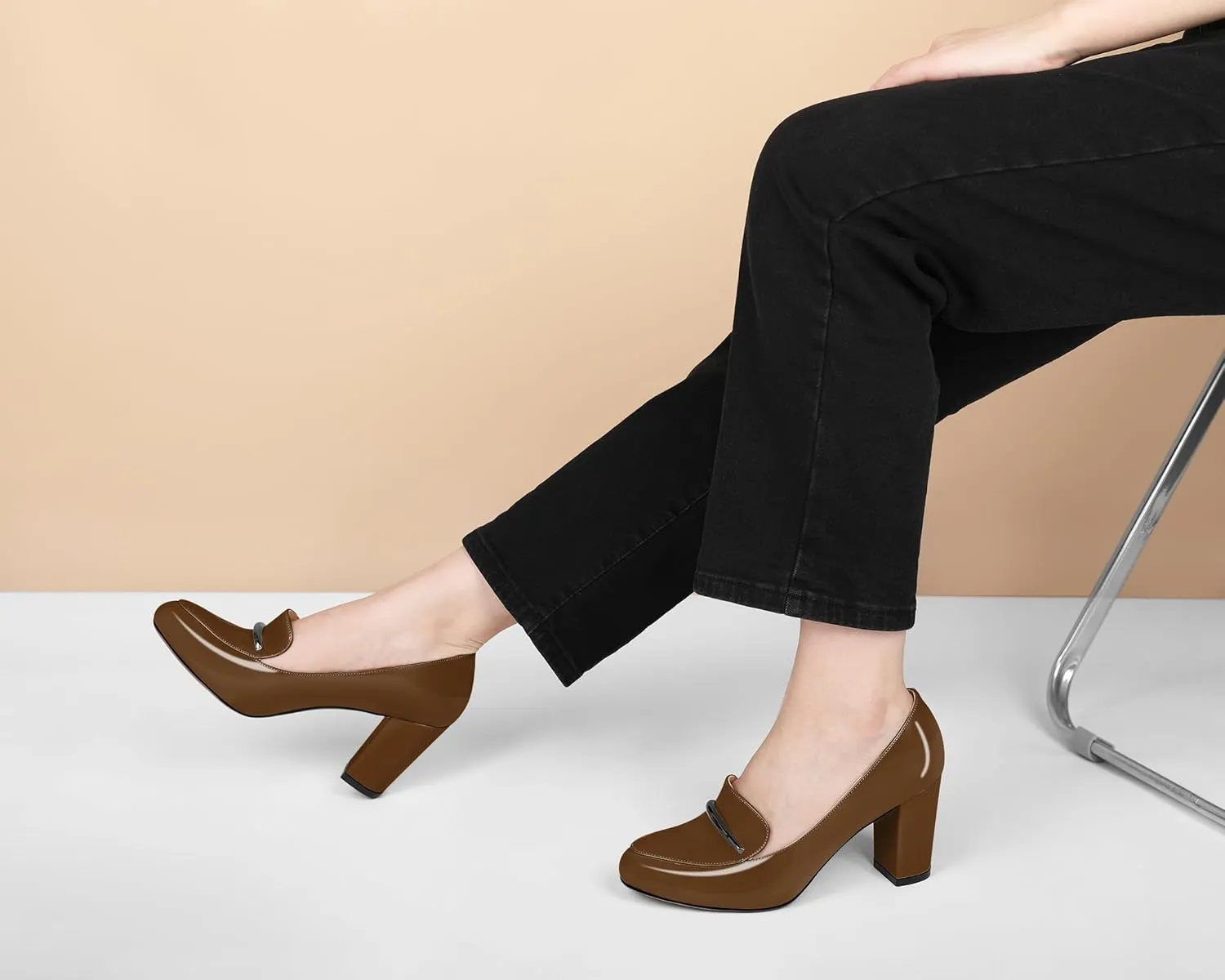 YODEKS Chunky Heels for Women Round Toe Block High Heels Slip on Pumps Loafers 3.5 Inch Closed Toe Shoes