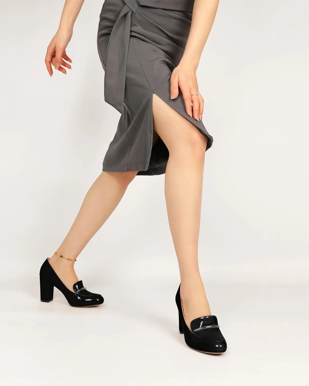 YODEKS Chunky Heels for Women Round Toe Block High Heels Slip on Pumps Loafers 3.5 Inch Closed Toe Shoes