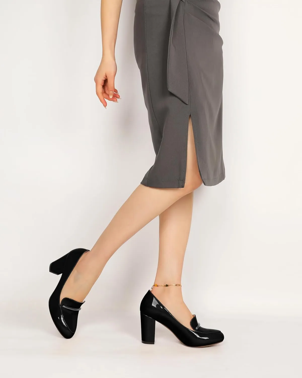 YODEKS Chunky Heels for Women Round Toe Block High Heels Slip on Pumps Loafers 3.5 Inch Closed Toe Shoes
