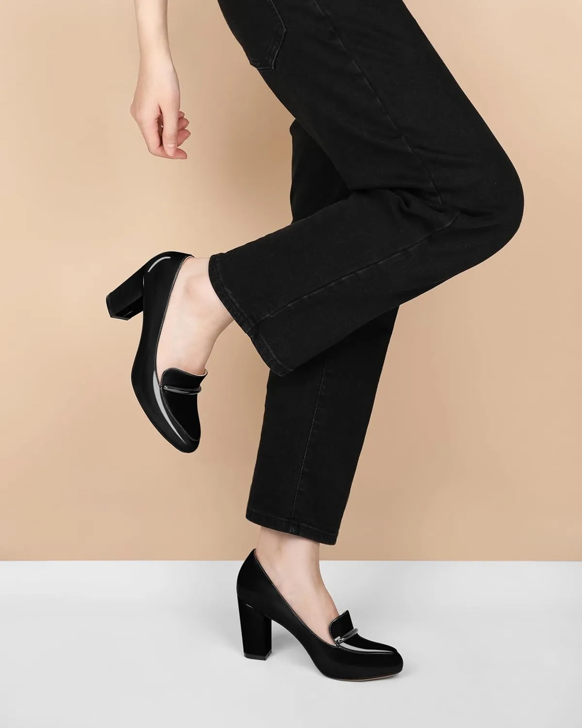 YODEKS Chunky Heels for Women Round Toe Block High Heels Slip on Pumps Loafers 3.5 Inch Closed Toe Shoes