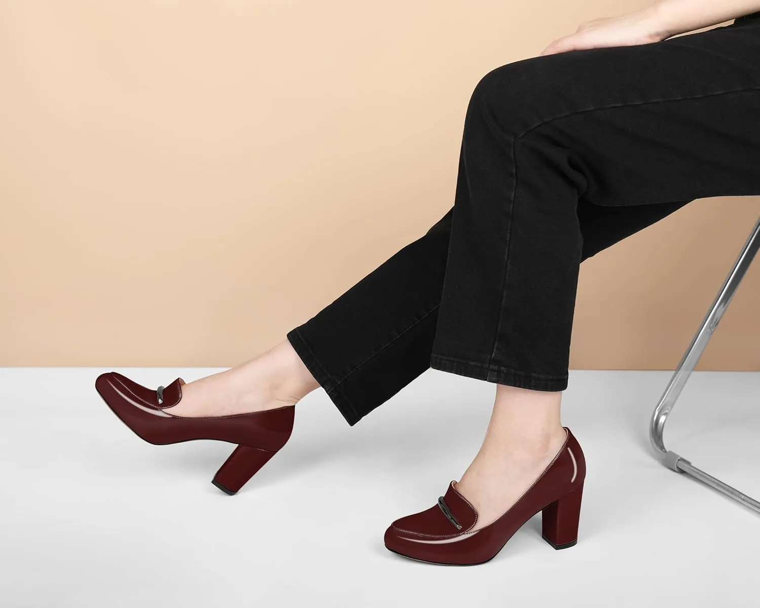 YODEKS Chunky Heels for Women Round Toe Block High Heels Slip on Pumps Loafers 3.5 Inch Closed Toe Shoes