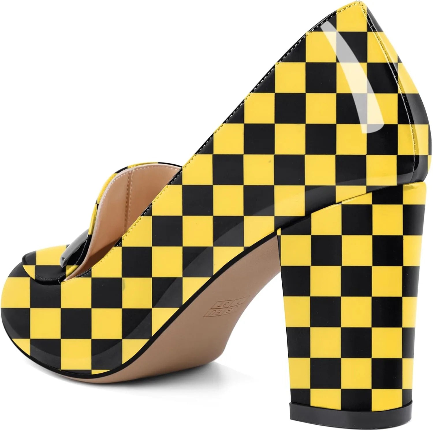 YODEKS Chunky Heels for Women Round Toe Block High Heels Slip on Pumps Loafers 3.5 Inch Closed Toe Shoes