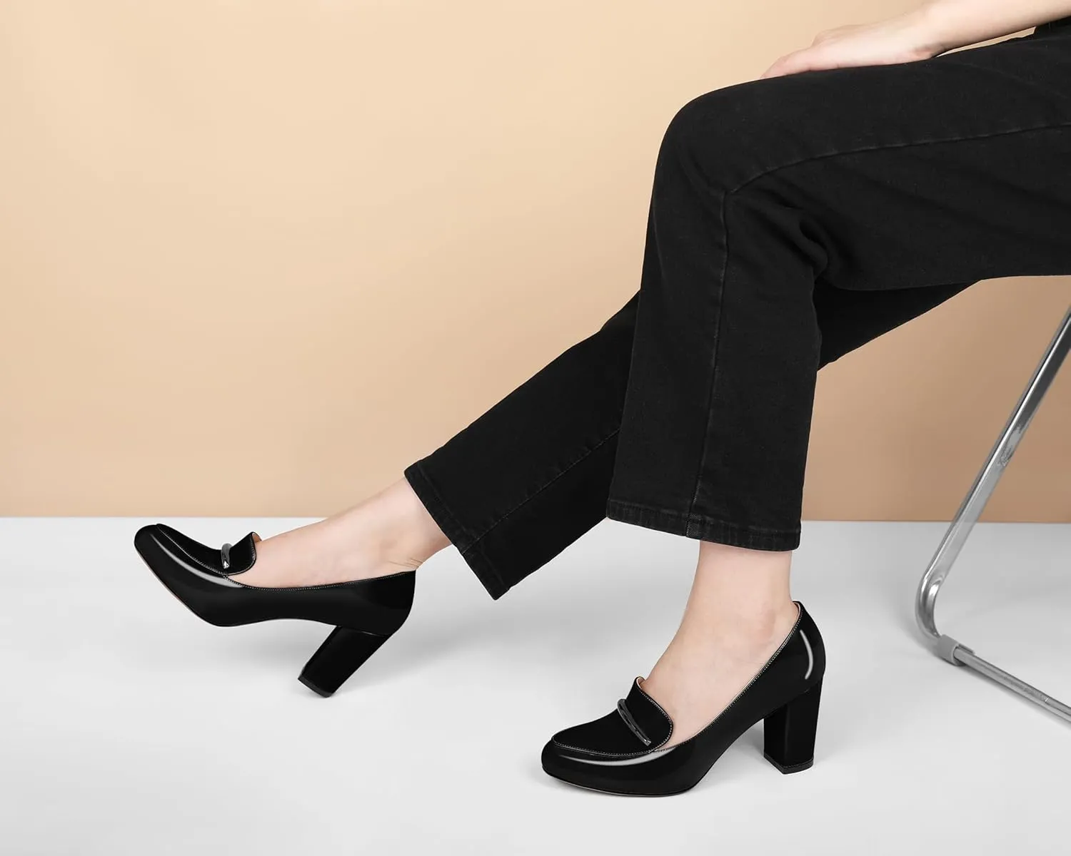 YODEKS Chunky Heels for Women Round Toe Block High Heels Slip on Pumps Loafers 3.5 Inch Closed Toe Shoes