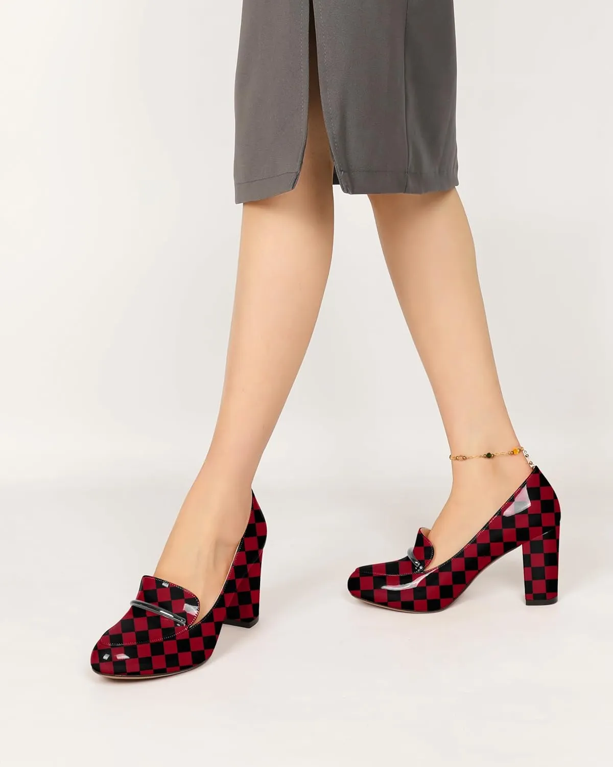 YODEKS Chunky Heels for Women Round Toe Block High Heels Slip on Pumps Loafers 3.5 Inch Closed Toe Shoes
