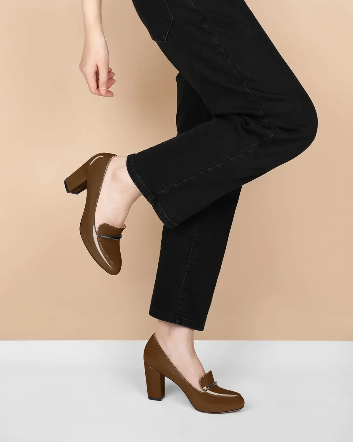 YODEKS Chunky Heels for Women Round Toe Block High Heels Slip on Pumps Loafers 3.5 Inch Closed Toe Shoes