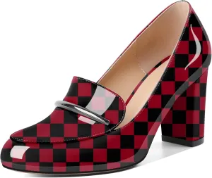 YODEKS Chunky Heels for Women Round Toe Block High Heels Slip on Pumps Loafers 3.5 Inch Closed Toe Shoes