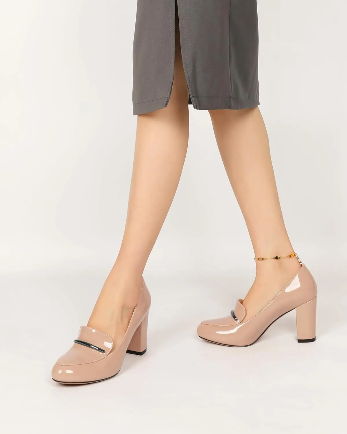 YODEKS Chunky Heels for Women Round Toe Block High Heels Slip on Pumps Loafers 3.5 Inch Closed Toe Shoes