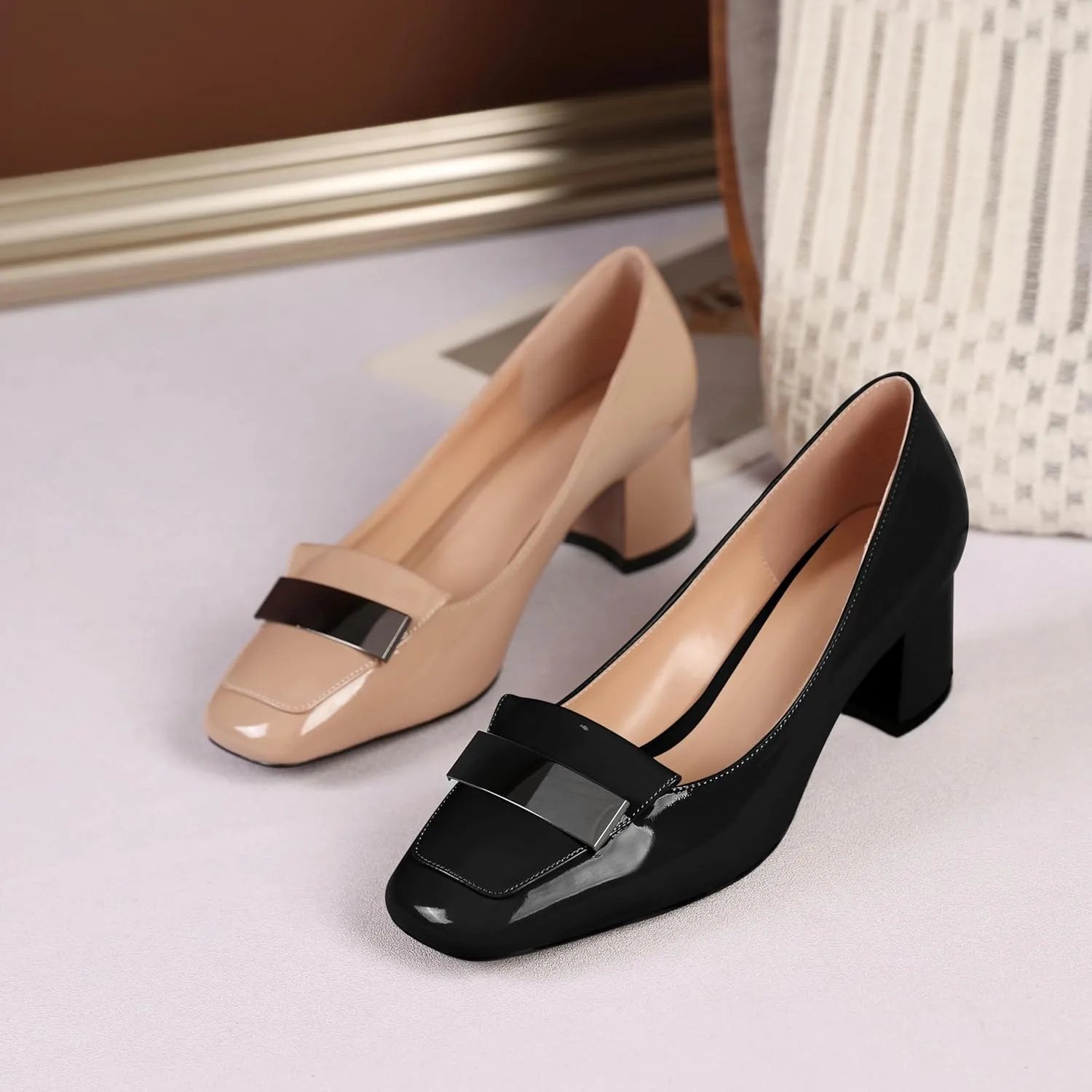 YODEKS Womens Low Block Chunky Heel Slip On Toe Pumps Loafers 2 Inch Square Toe with Metal Bar Comfort Daily Dress Shoes