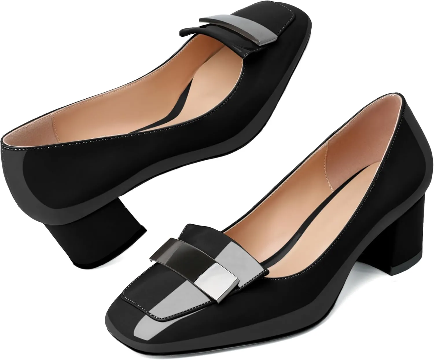 YODEKS Womens Low Block Chunky Heel Slip On Toe Pumps Loafers 2 Inch Square Toe with Metal Bar Comfort Daily Dress Shoes
