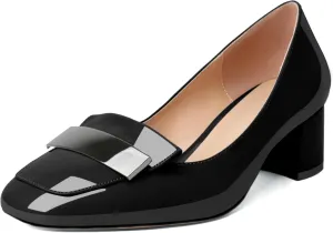 YODEKS Womens Low Block Chunky Heel Slip On Toe Pumps Loafers 2 Inch Square Toe with Metal Bar Comfort Daily Dress Shoes