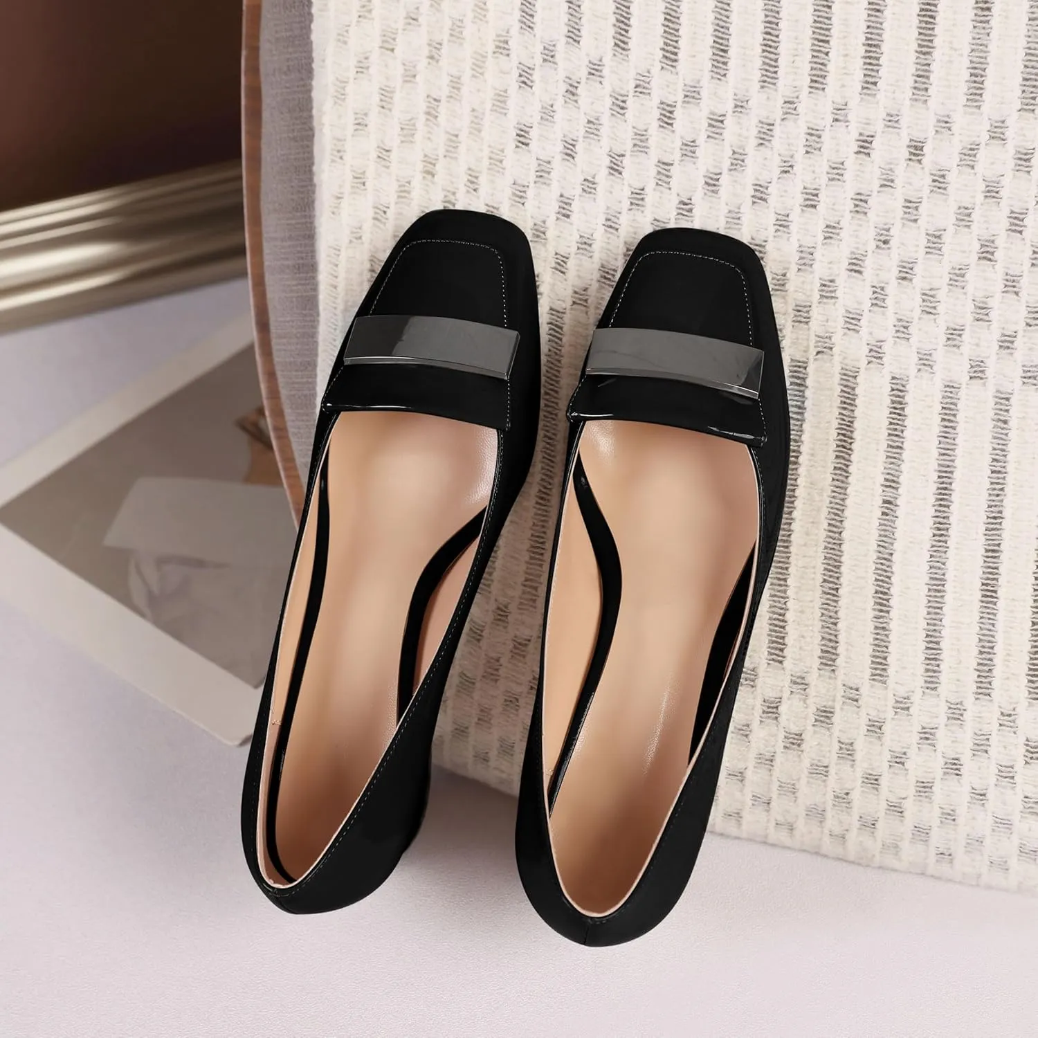 YODEKS Womens Low Block Chunky Heel Slip On Toe Pumps Loafers 2 Inch Square Toe with Metal Bar Comfort Daily Dress Shoes