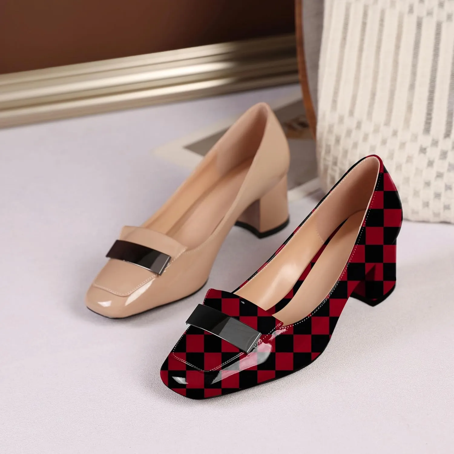 YODEKS Womens Low Block Chunky Heel Slip On Toe Pumps Loafers 2 Inch Square Toe with Metal Bar Comfort Daily Dress Shoes