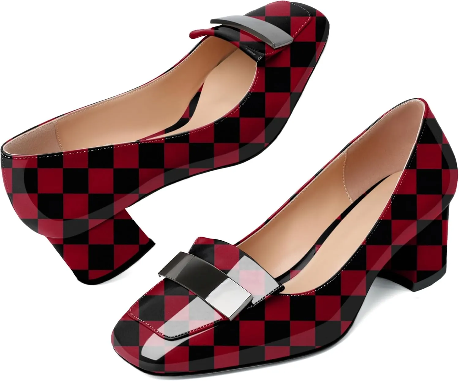 YODEKS Womens Low Block Chunky Heel Slip On Toe Pumps Loafers 2 Inch Square Toe with Metal Bar Comfort Daily Dress Shoes