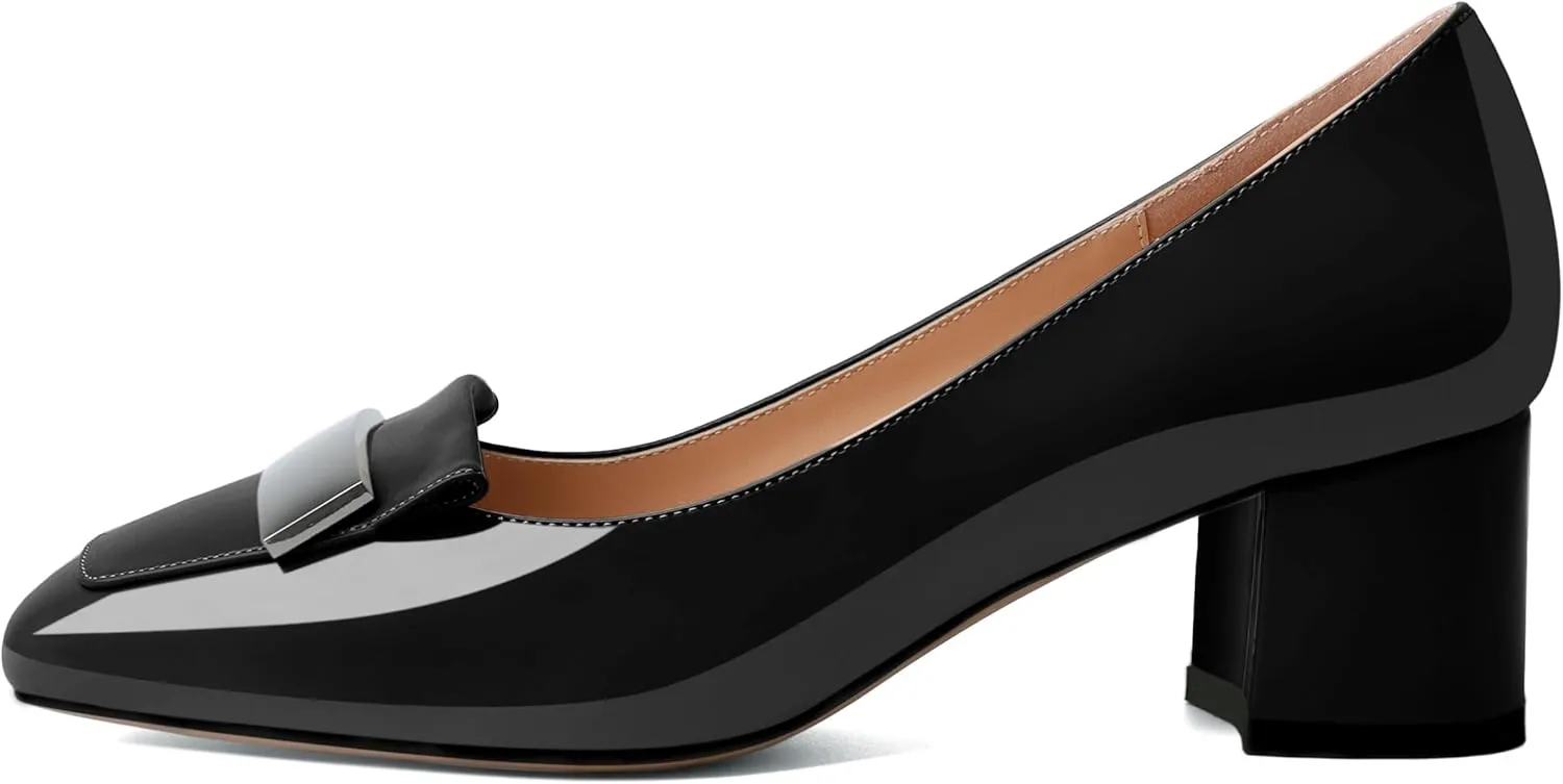 YODEKS Womens Low Block Chunky Heel Slip On Toe Pumps Loafers 2 Inch Square Toe with Metal Bar Comfort Daily Dress Shoes