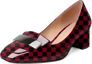 YODEKS Womens Low Block Chunky Heel Slip On Toe Pumps Loafers 2 Inch Square Toe with Metal Bar Comfort Daily Dress Shoes
