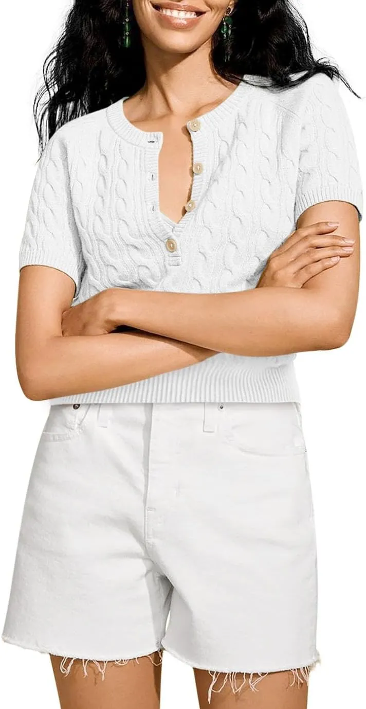 Yousify Short Sleeve Sweaters for Women Trendy 2024 Summer Spring Tops Crewneck Button Up Blouses S-2XL