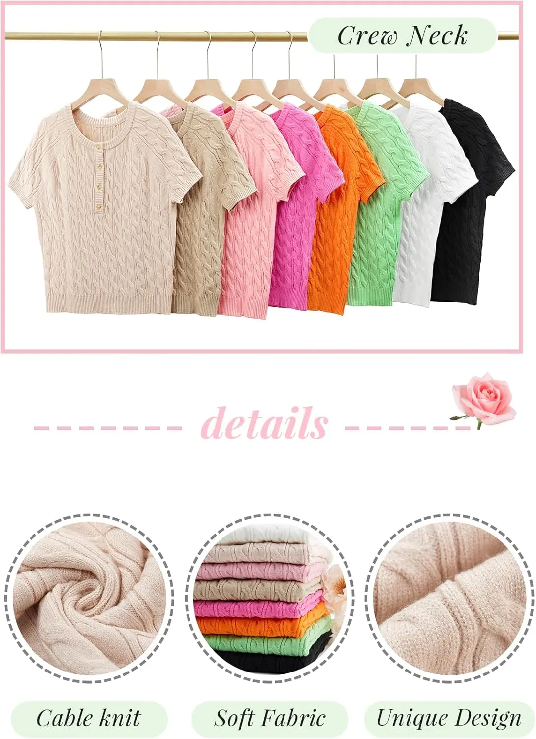 Yousify Short Sleeve Sweaters for Women Trendy 2024 Summer Spring Tops Crewneck Button Up Blouses S-2XL
