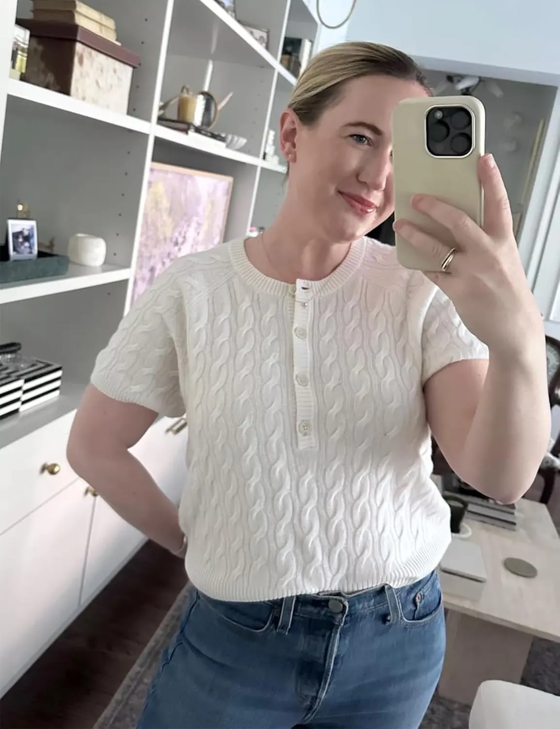 Yousify Short Sleeve Sweaters for Women Trendy 2024 Summer Spring Tops Crewneck Button Up Blouses S-2XL