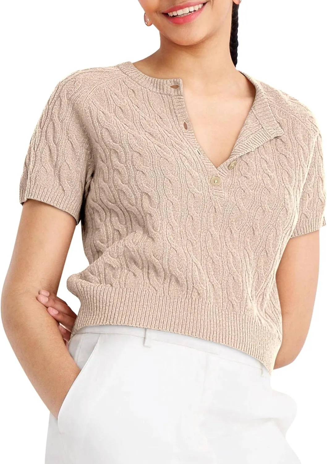 Yousify Short Sleeve Sweaters for Women Trendy 2024 Summer Spring Tops Crewneck Button Up Blouses S-2XL