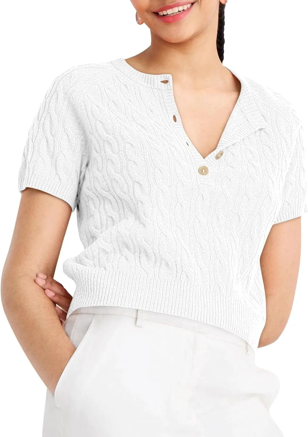 Yousify Short Sleeve Sweaters for Women Trendy 2024 Summer Spring Tops Crewneck Button Up Blouses S-2XL
