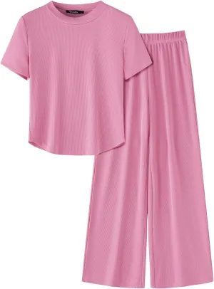 ZANZEA Pajamas For Women Set Ribbed Short Sleeve Tops Wide Leg Pants Comfy Pjs 2 Piece Lounge Sets Cute Outfits