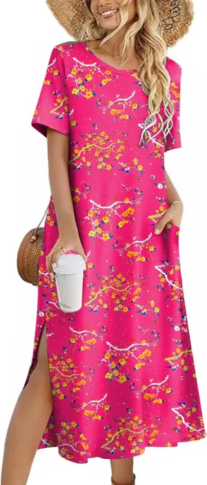 Zeagoo Women Floral Summer Dress Casual Beach Dress Printed T Shirt Dress Split Long Dress Travel 2025 Vacation Dress
