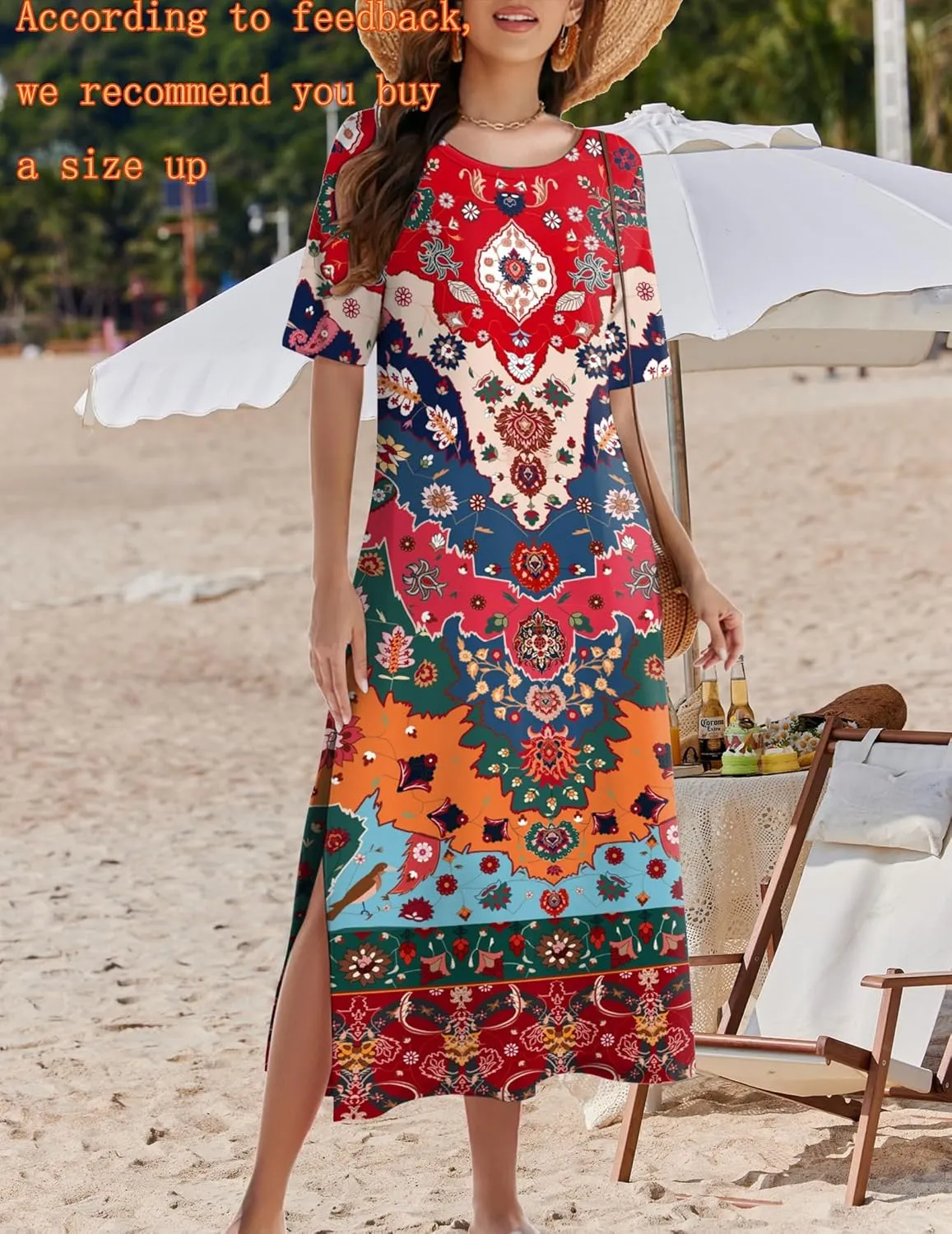 Zeagoo Women Floral Summer Dress Casual Beach Dress Printed T Shirt Dress Split Long Dress Travel 2025 Vacation Dress