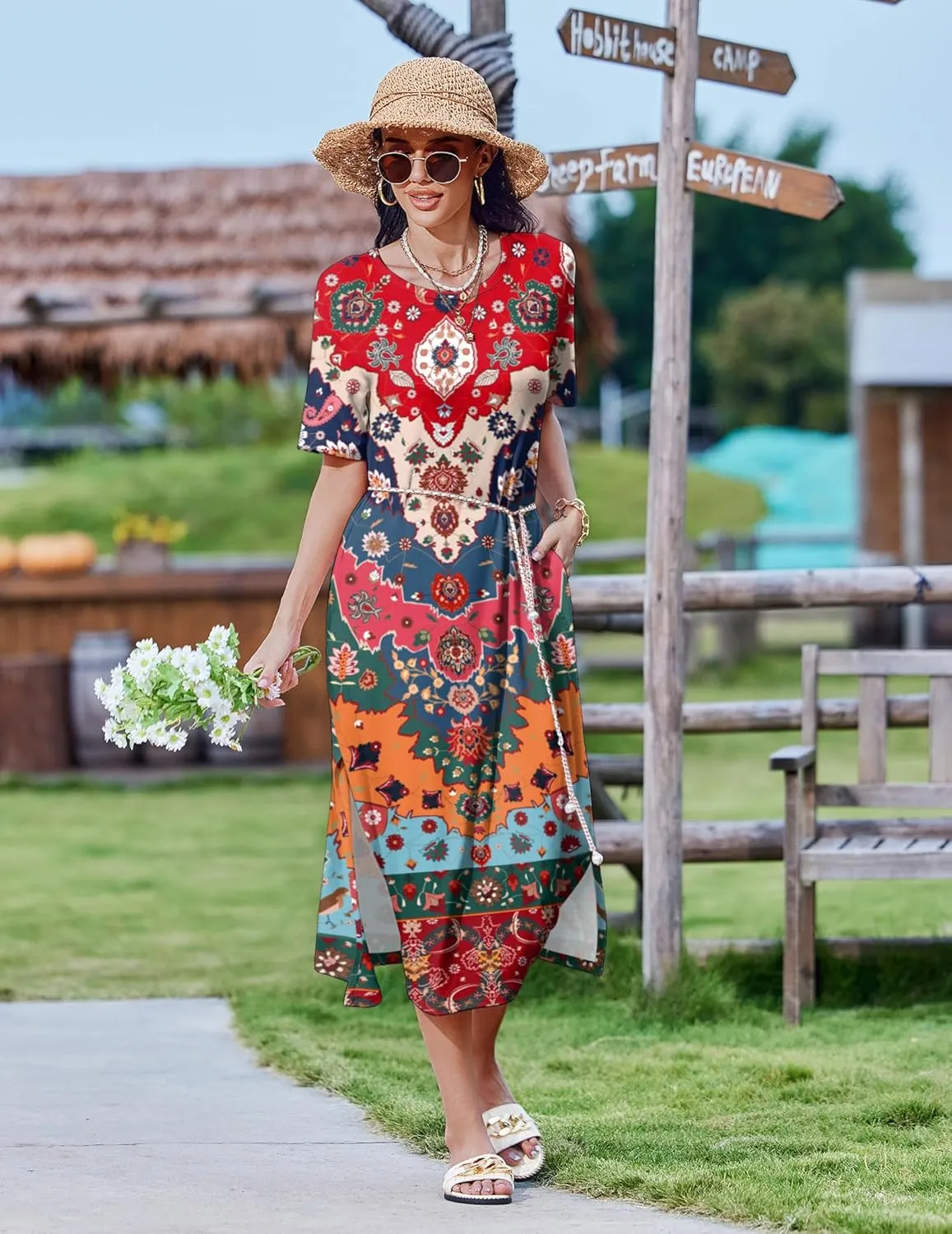 Zeagoo Women Floral Summer Dress Casual Beach Dress Printed T Shirt Dress Split Long Dress Travel 2025 Vacation Dress