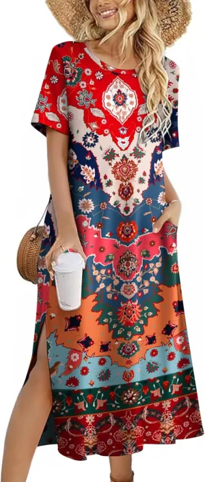 Zeagoo Women Floral Summer Dress Casual Beach Dress Printed T Shirt Dress Split Long Dress Travel 2025 Vacation Dress