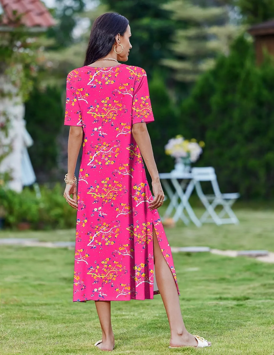 Zeagoo Women Floral Summer Dress Casual Beach Dress Printed T Shirt Dress Split Long Dress Travel 2025 Vacation Dress