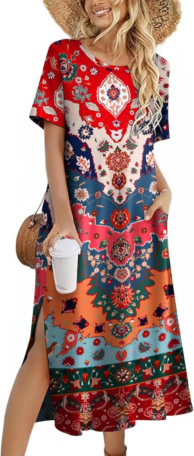 Zeagoo Women Floral Summer Dress Casual Beach Dress Printed T Shirt Dress Split Long Dress Travel 2025 Vacation Dress