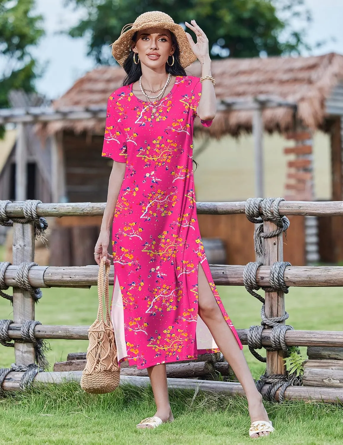 Zeagoo Women Floral Summer Dress Casual Beach Dress Printed T Shirt Dress Split Long Dress Travel 2025 Vacation Dress
