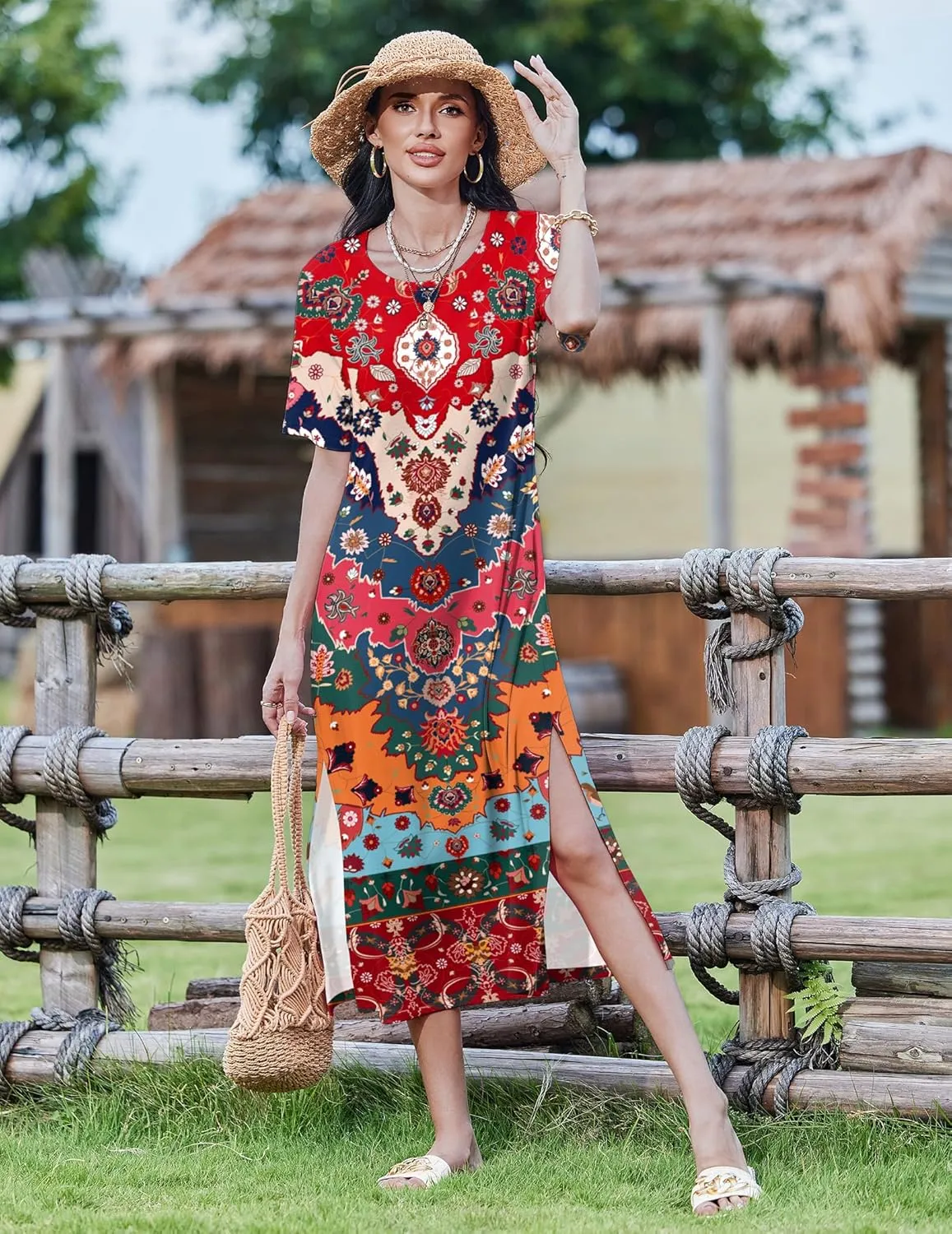 Zeagoo Women Floral Summer Dress Casual Beach Dress Printed T Shirt Dress Split Long Dress Travel 2025 Vacation Dress