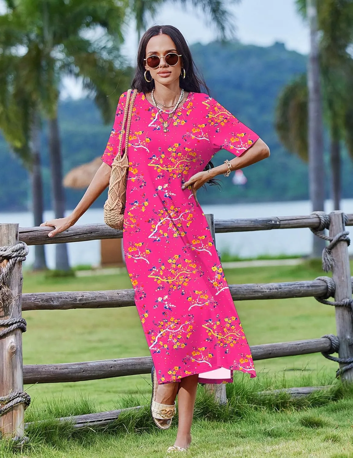Zeagoo Women Floral Summer Dress Casual Beach Dress Printed T Shirt Dress Split Long Dress Travel 2025 Vacation Dress