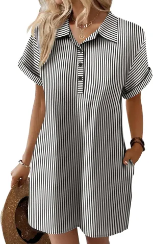 Zeagoo Womens Cotton Shirt Dress Summer Casual Short Sleeve Button Down Beach Cover Up Shirts with Pockets