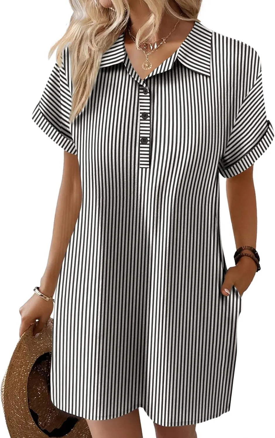 Zeagoo Womens Cotton Shirt Dress Summer Casual Short Sleeve Button Down Beach Cover Up Shirts with Pockets