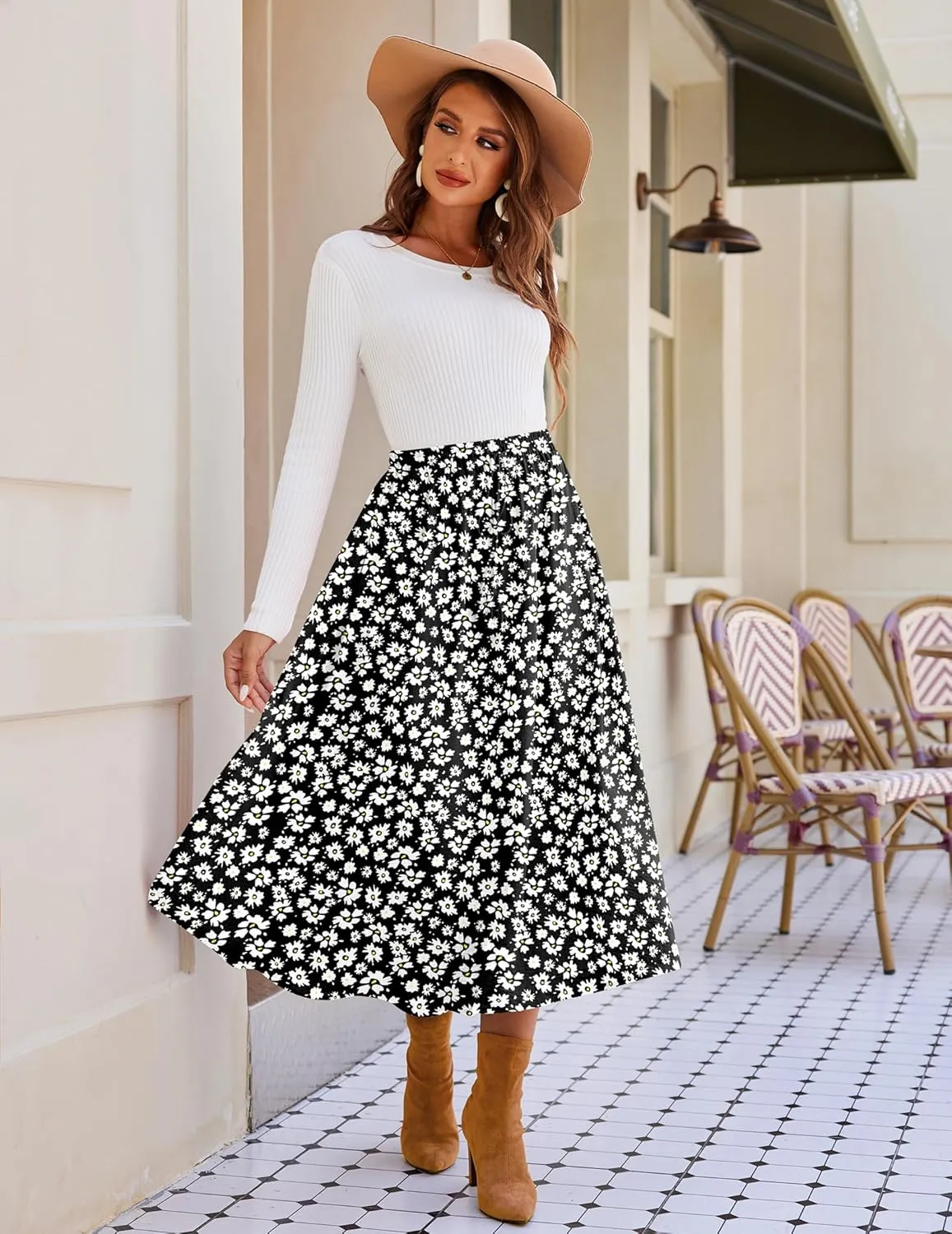 Zeagoo Womens Flowy Pleated Skirts A Line Elastic High Waisted Midi Skirt Boho Casual Long Skirts Brown Leaf Print XXL