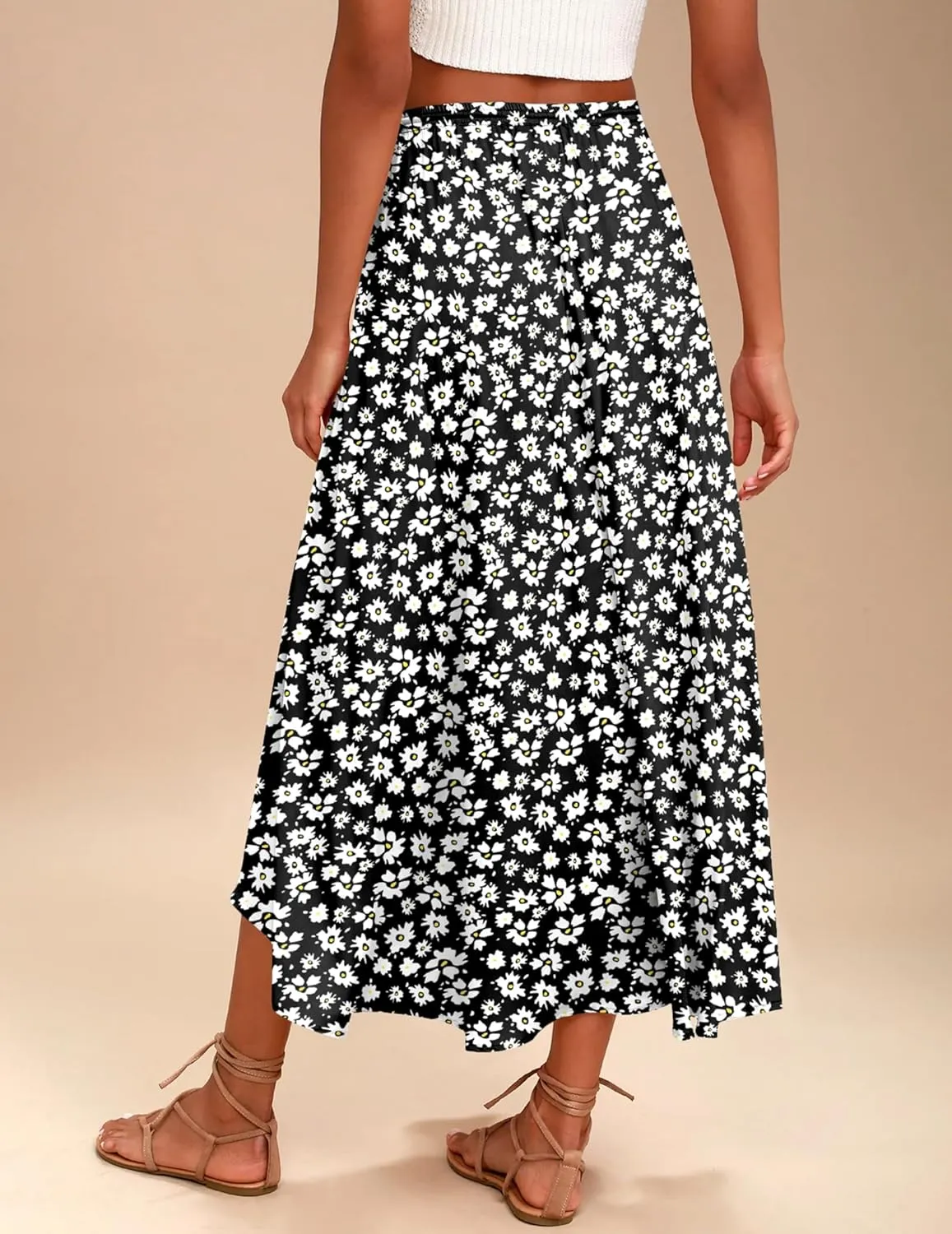Zeagoo Womens Flowy Pleated Skirts A Line Elastic High Waisted Midi Skirt Boho Casual Long Skirts Brown Leaf Print XXL