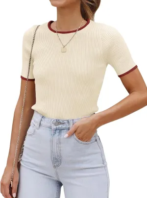 ZESICA Women's Short Sleeve Crewneck T Shirt 2025 Summer Ribbed Knit Slim Fit Basic Solid Color Tee Tops