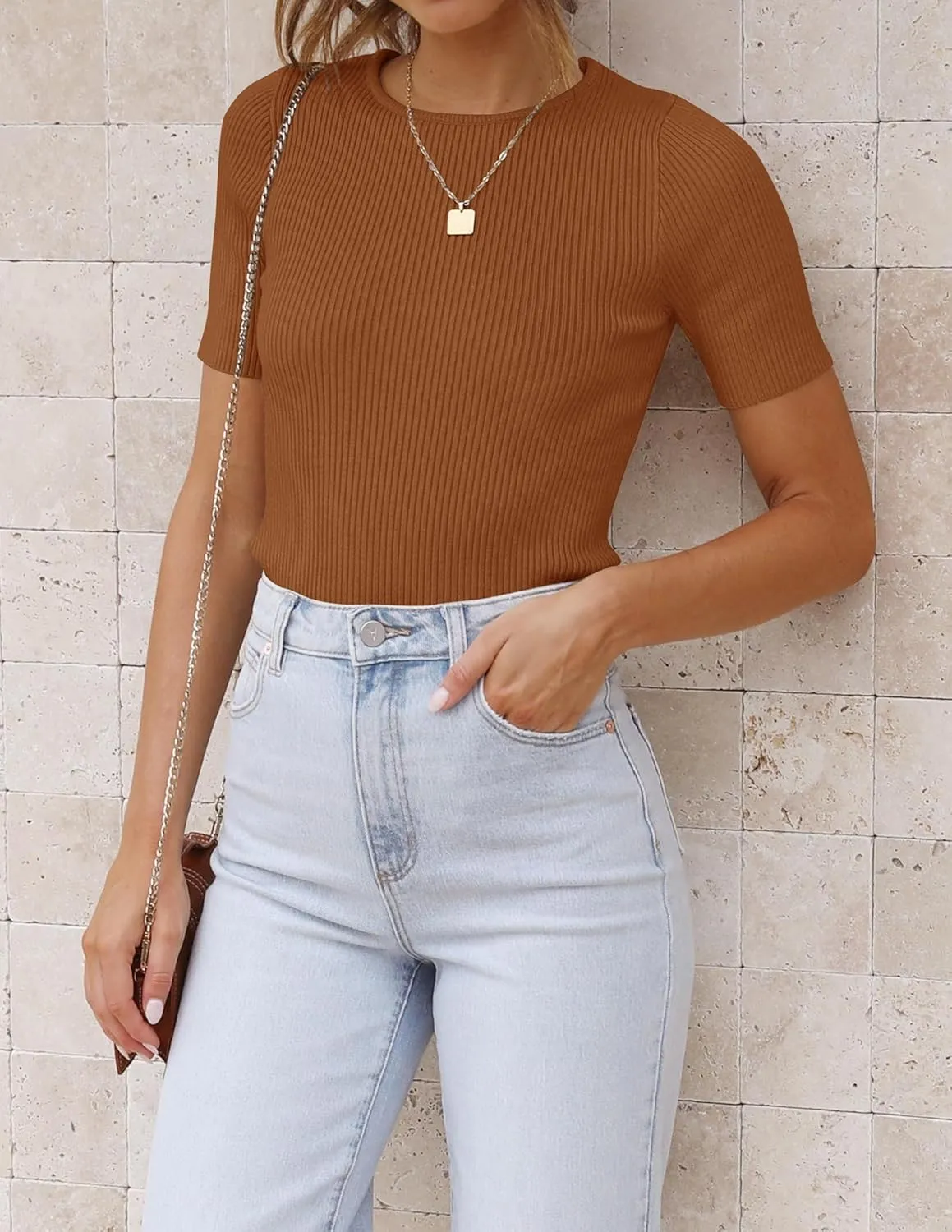 ZESICA Women's Short Sleeve Crewneck T Shirt 2025 Summer Ribbed Knit Slim Fit Basic Solid Color Tee Tops