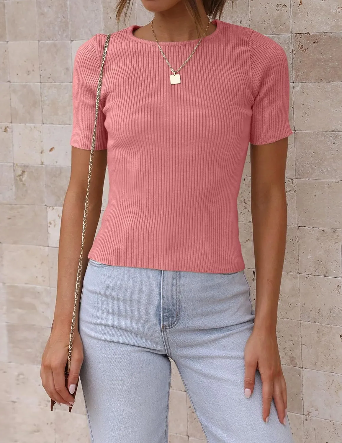 ZESICA Women's Short Sleeve Crewneck T Shirt 2025 Summer Ribbed Knit Slim Fit Basic Solid Color Tee Tops