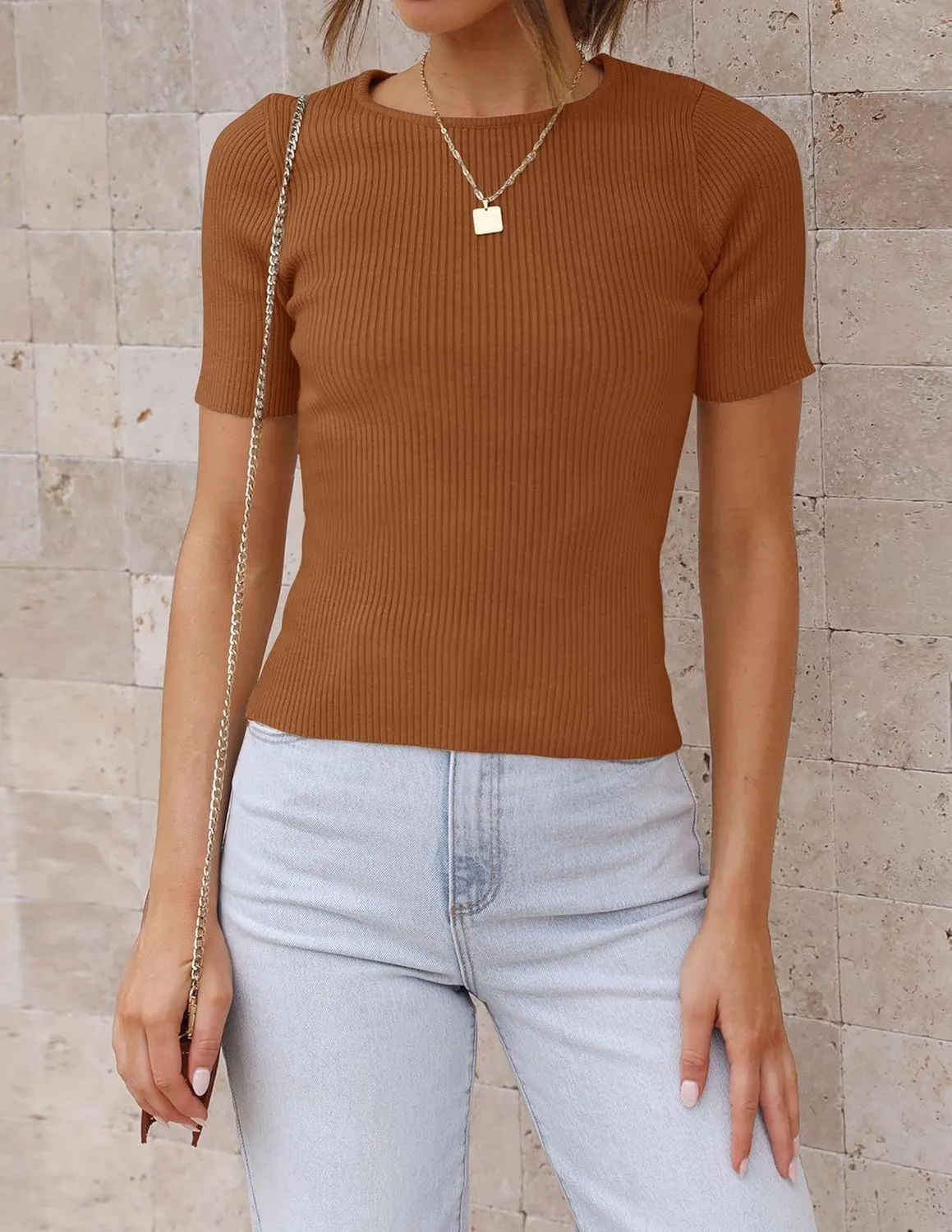 ZESICA Women's Short Sleeve Crewneck T Shirt 2025 Summer Ribbed Knit Slim Fit Basic Solid Color Tee Tops