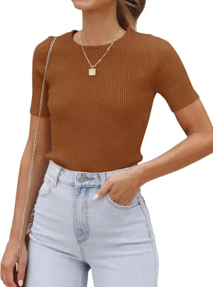 ZESICA Women's Short Sleeve Crewneck T Shirt 2025 Summer Ribbed Knit Slim Fit Basic Solid Color Tee Tops